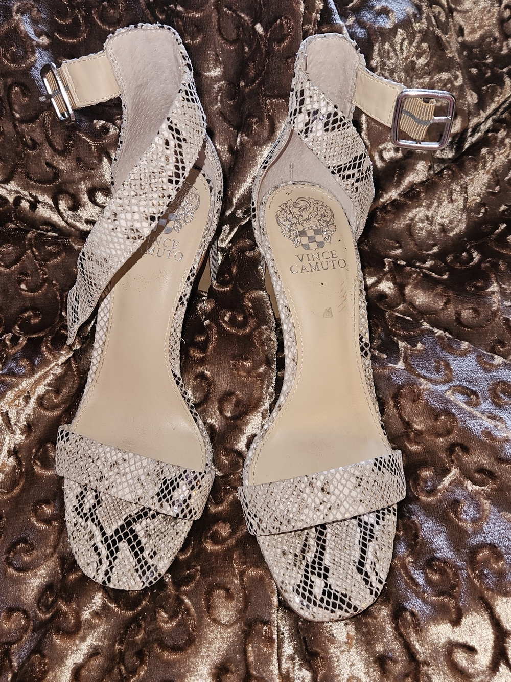 Vince Camuto Women's Snake-Print Ankle Strap Sandals in Beige